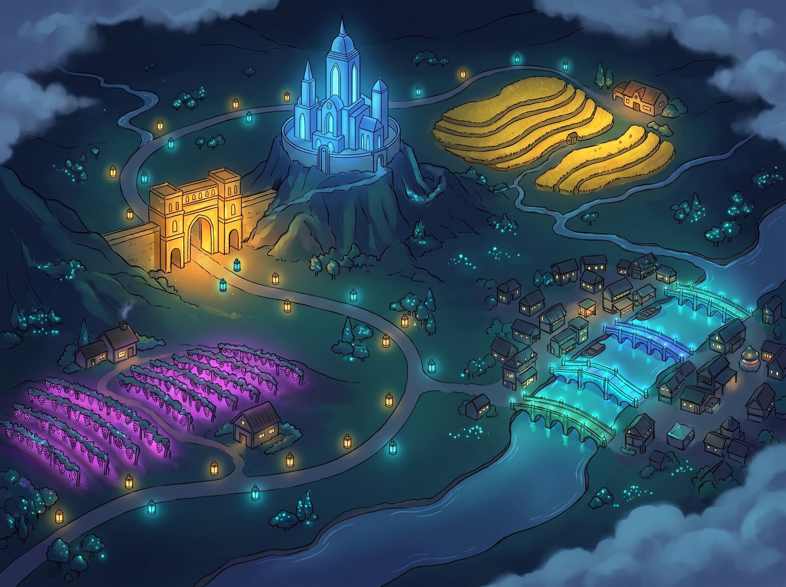 Illustrated map of the kingdom: a lantern road connecting the Vineyard of Light, Friendship Gate, Listening Temple, Family Fields, and Community Hub